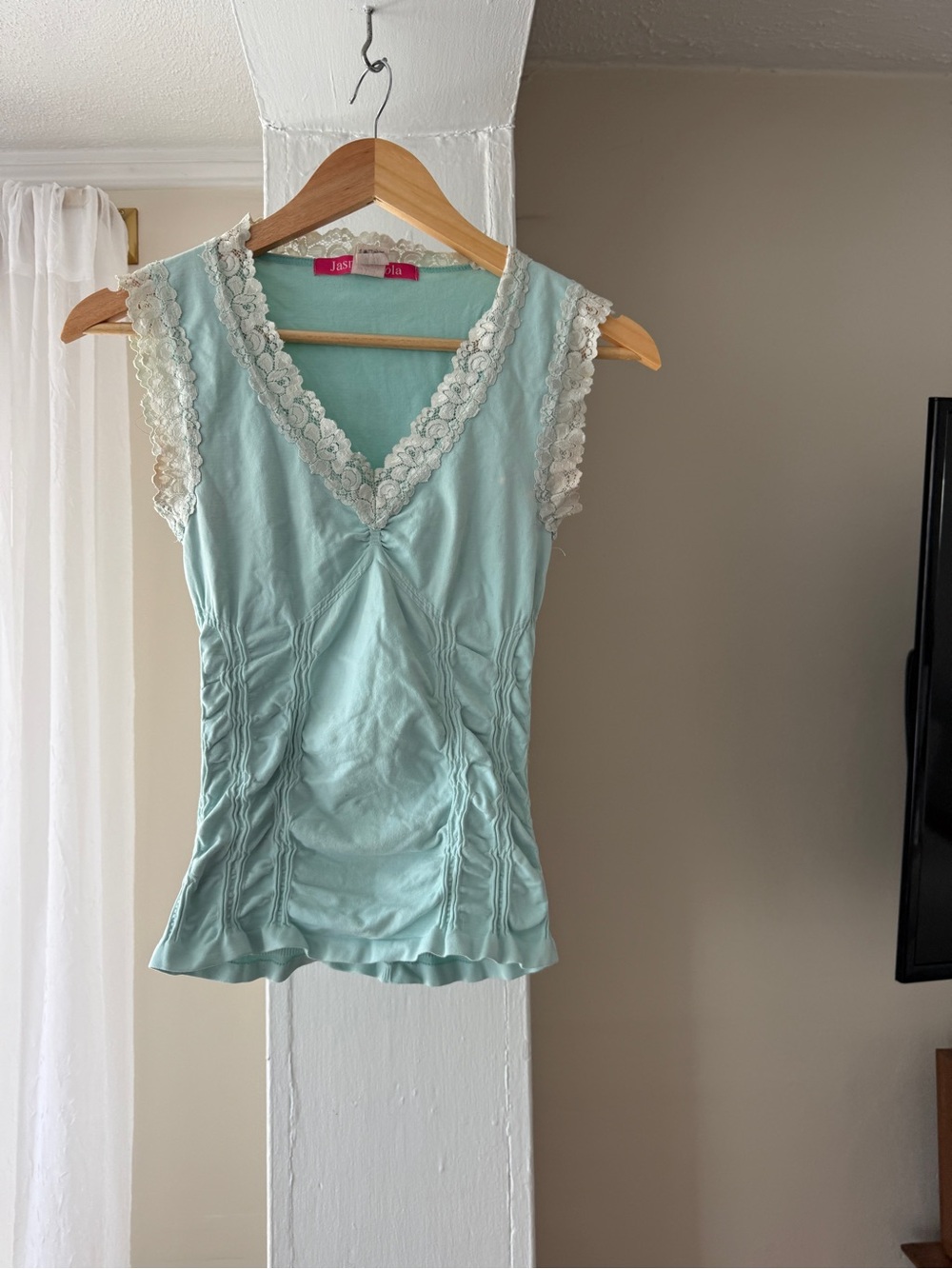 Jasmina Laula Mint Green Lace Trim Top OSFA Y2K Stretch Feminine